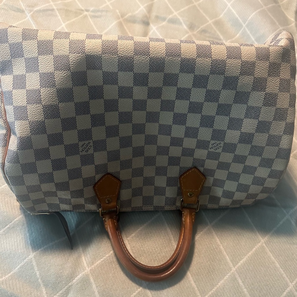 Louis Vuitton Damier Speedy 35 Handbag with Leather Accents.